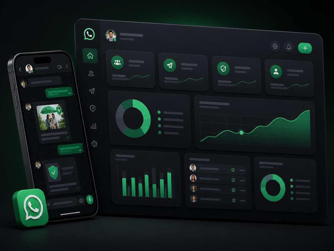 InsureLeads Pro WhatsApp 銷售系統實際畫面：手機對話介面同數據儀表板